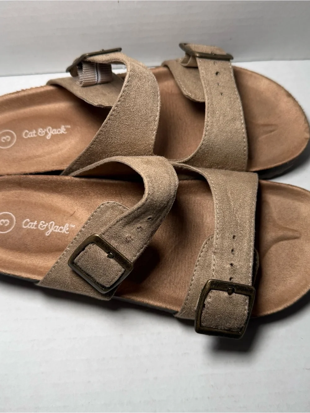 Cat & Jack Double Strap Tan Slip On Girls Summer Sandals 3 Adjustable